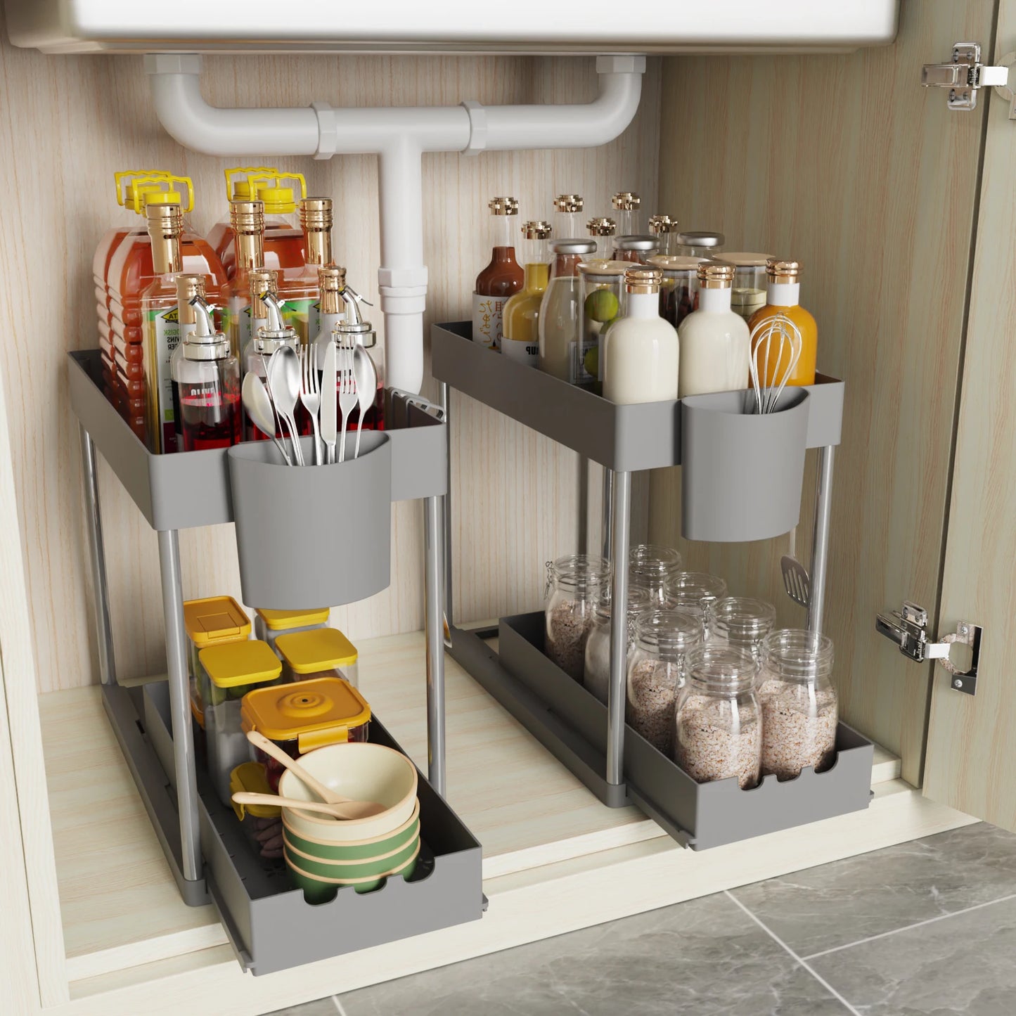 2Pcs Sliding 2-Tier Cabinet Organizer for Kitchen & Bathroom