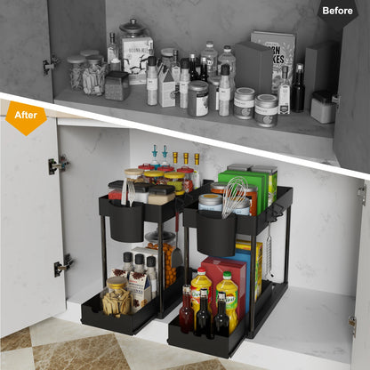 2Pcs Sliding 2-Tier Cabinet Organizer for Kitchen & Bathroom