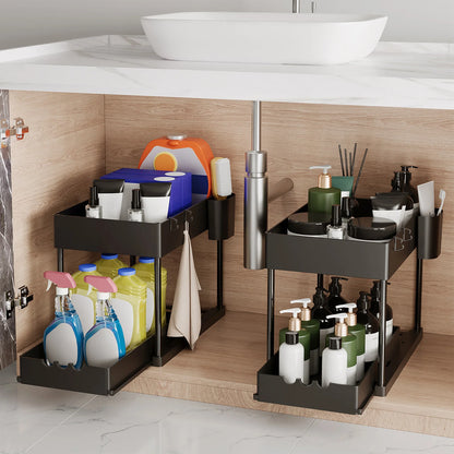 2Pcs Sliding 2-Tier Cabinet Organizer for Kitchen & Bathroom