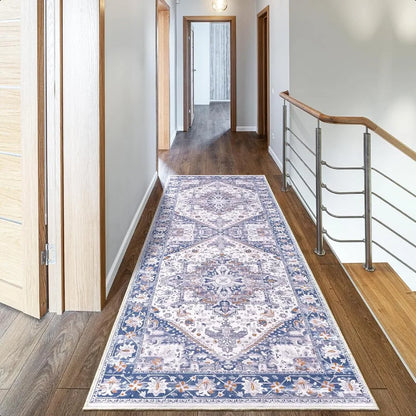 Beige Blue Non-Slip Washable Runner Rug – 2x6 ft