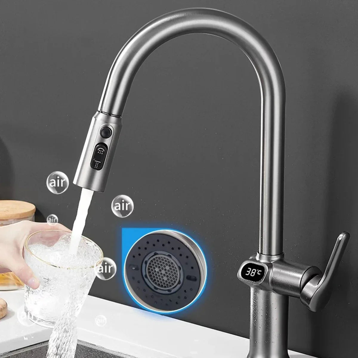 Digital Display Pull-Out Kitchen Faucet – Rotatable Temperature Tap