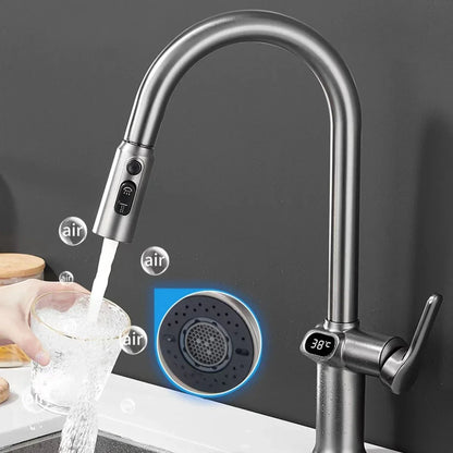 Digital Display Pull-Out Kitchen Faucet – Rotatable Temperature Tap