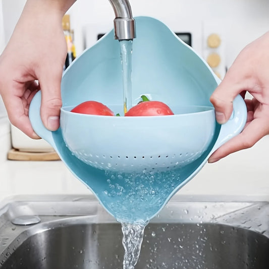 Rotatable Double Layer Plastic Colander Set - Kitchen Strainer Basket for Fruits and Vegetables