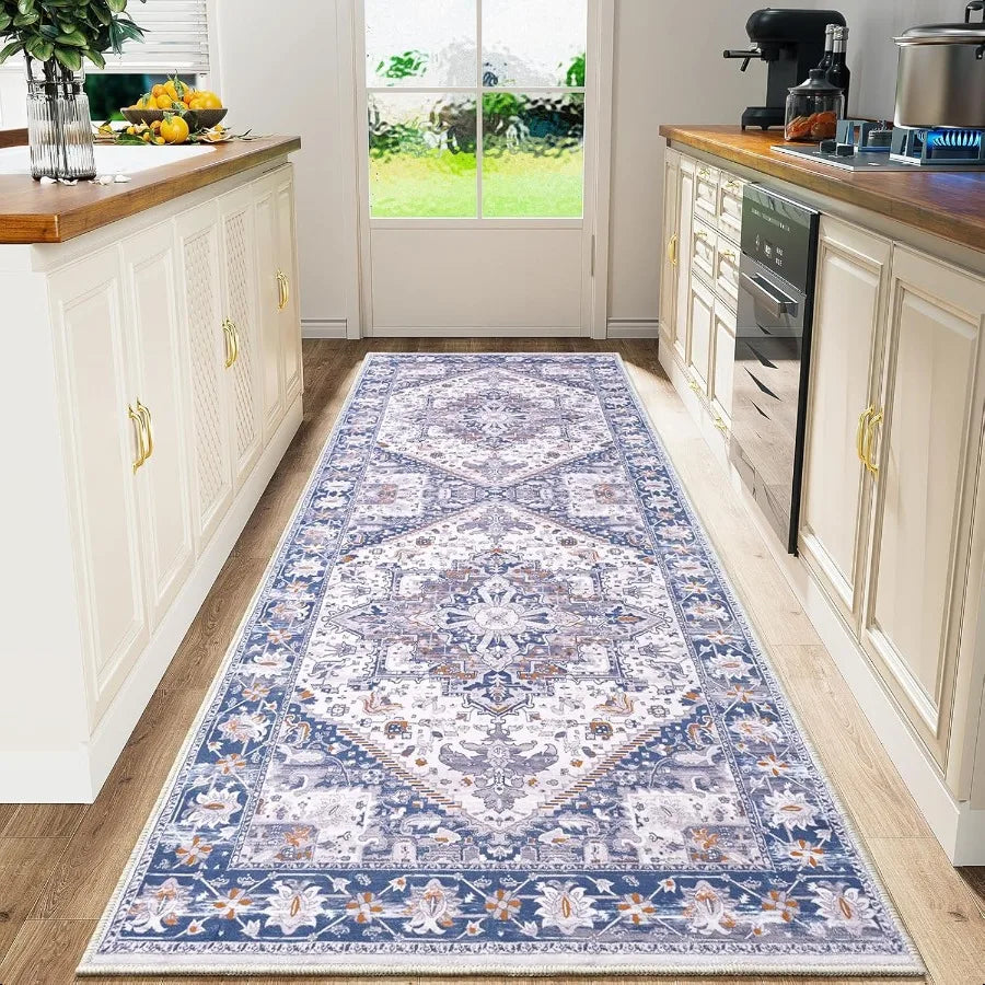Beige Blue Non-Slip Washable Runner Rug – 2x6 ft