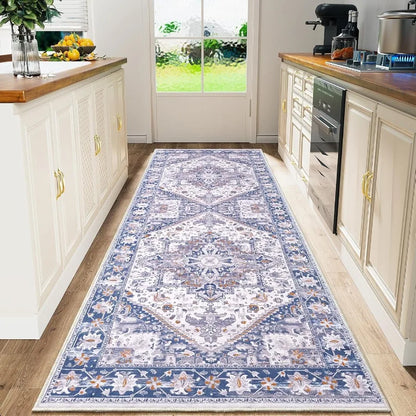 Beige Blue Non-Slip Washable Runner Rug – 2x6 ft