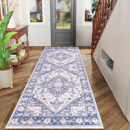 Beige Blue Non-Slip Washable Runner Rug – 2x6 ft