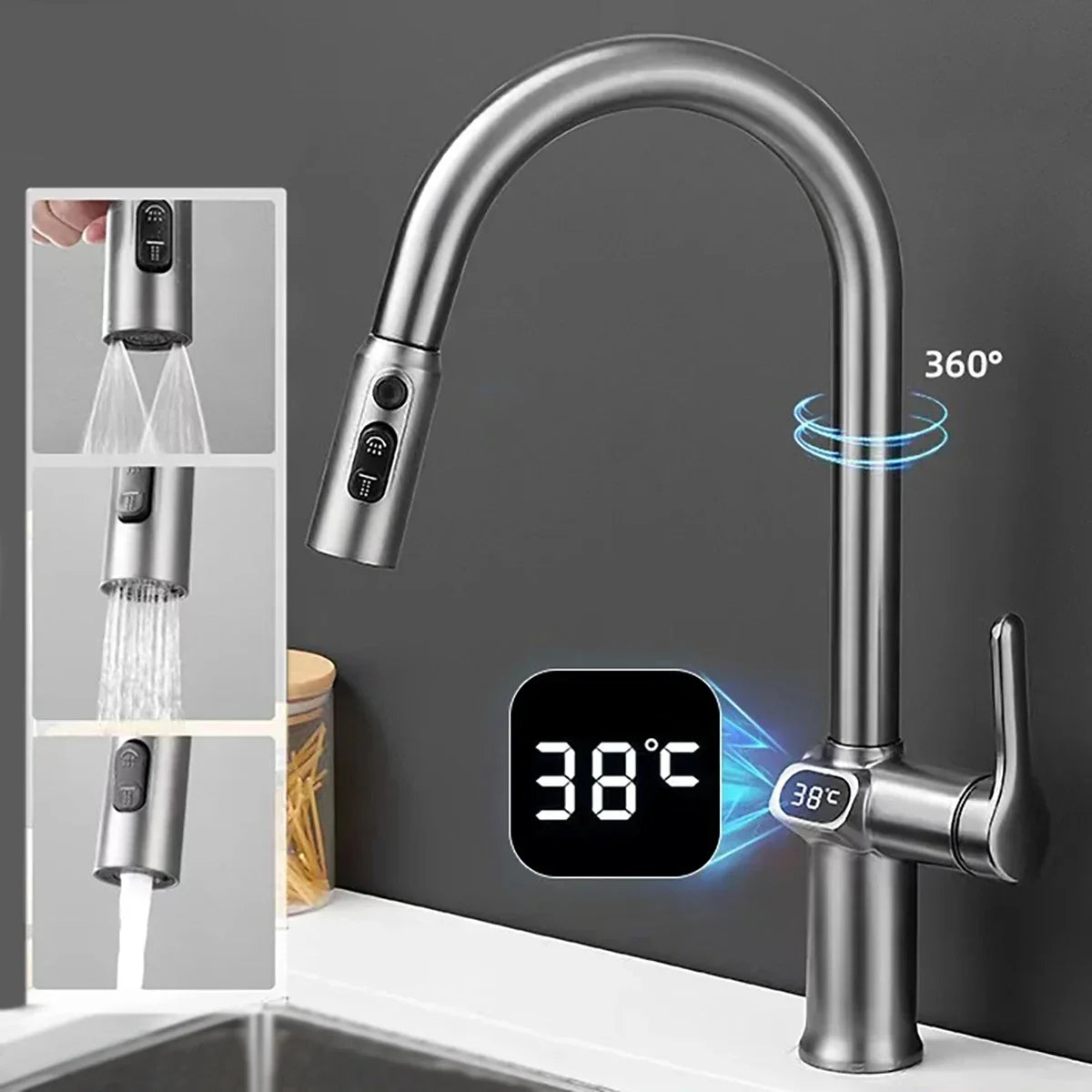 Digital Display Pull-Out Kitchen Faucet – Rotatable Temperature Tap