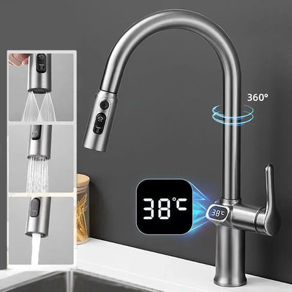 Digital Display Pull-Out Kitchen Faucet – Rotatable Temperature Tap