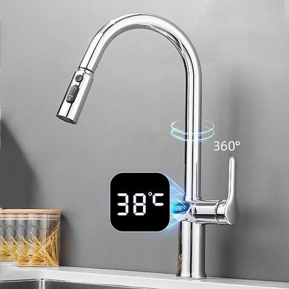 Digital Display Pull-Out Kitchen Faucet – Rotatable Temperature Tap