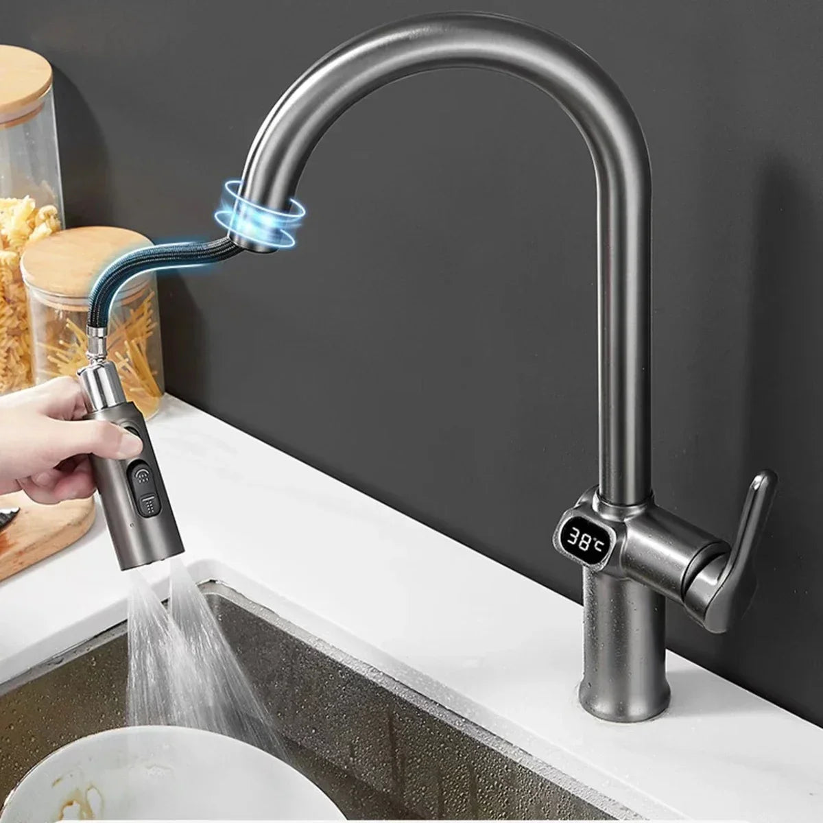 Digital Display Pull-Out Kitchen Faucet – Rotatable Temperature Tap