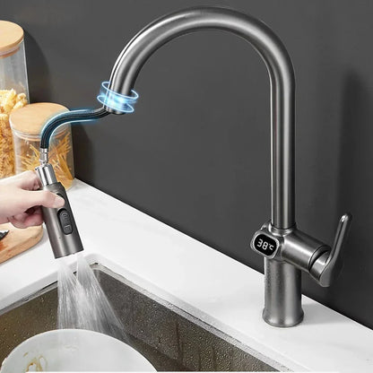 Digital Display Pull-Out Kitchen Faucet – Rotatable Temperature Tap