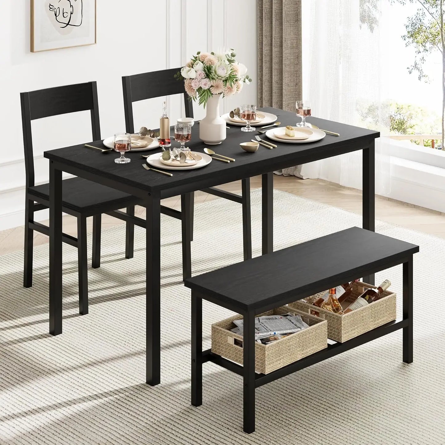4-Person Space-Saving Dining Set with Bench & Chairs – 45" Table