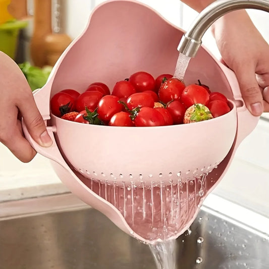 Rotatable Double Layer Plastic Colander Set - Kitchen Strainer Basket for Fruits and Vegetables